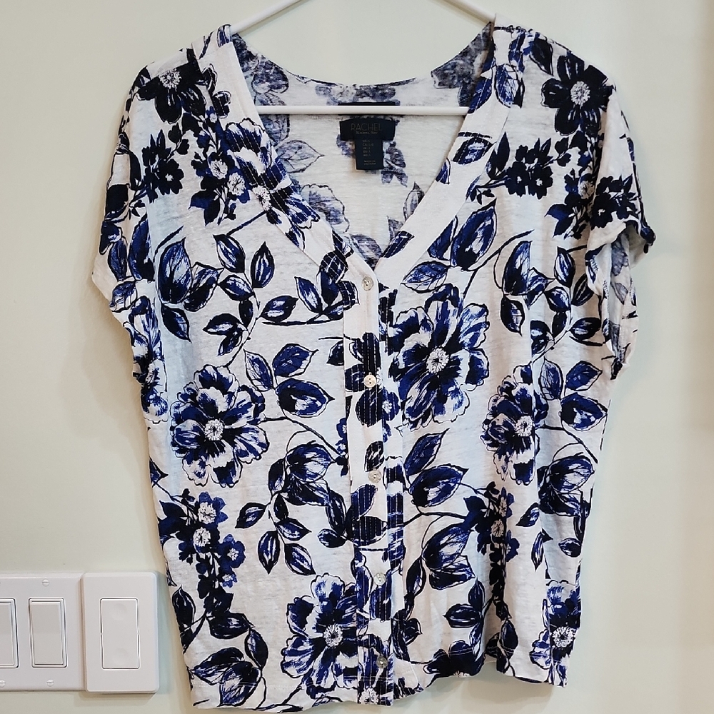 RACHEL Rachel Roy Navy and White Floral Linen Blouse